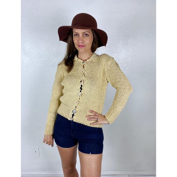 vintage 80s Beige PUFF SLEEVE Collared CARDIGAN S/Md sweater peasant Oktoberfest - Picture 2 of 10